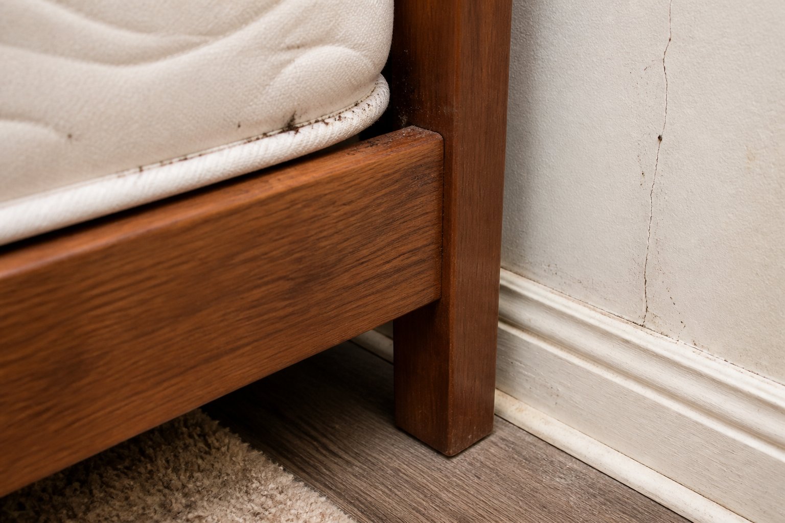 Close-up of a mattress seam, bed frame joints, and wall cracks showing common indoor hiding spots for bed bugs.