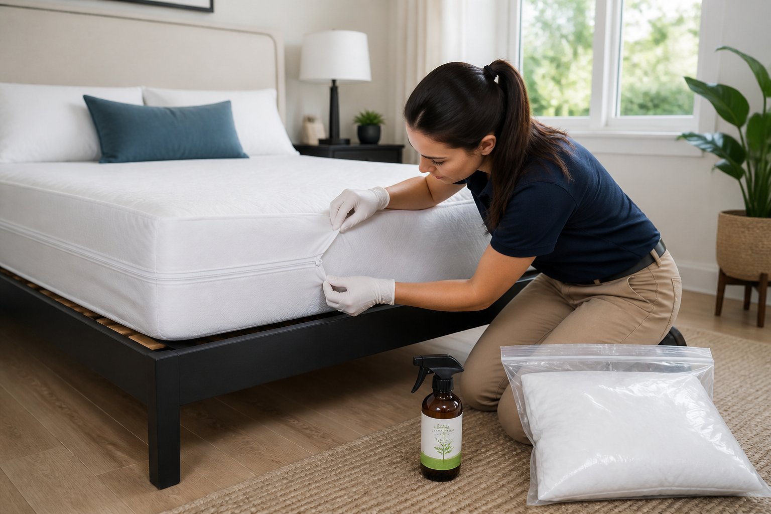A person inspecting a bed mattress in a clean bedroom with pest control supplies nearby.