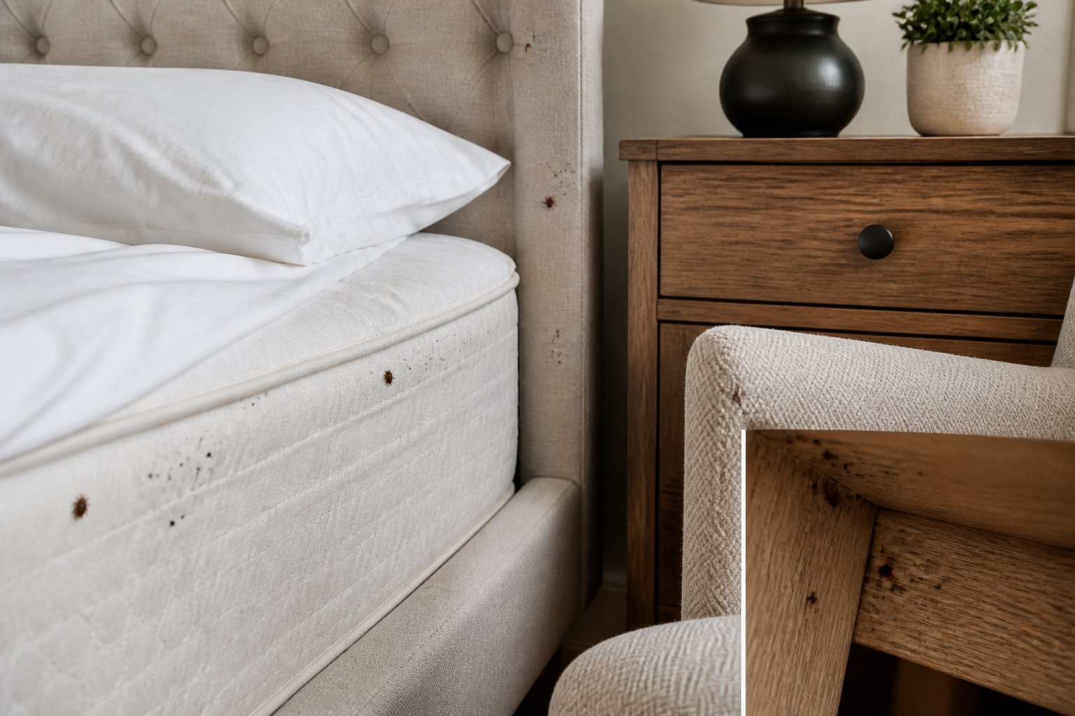 Close-up of a bed and nearby furniture showing mattress seams and cracks where bed bugs commonly hide indoors.