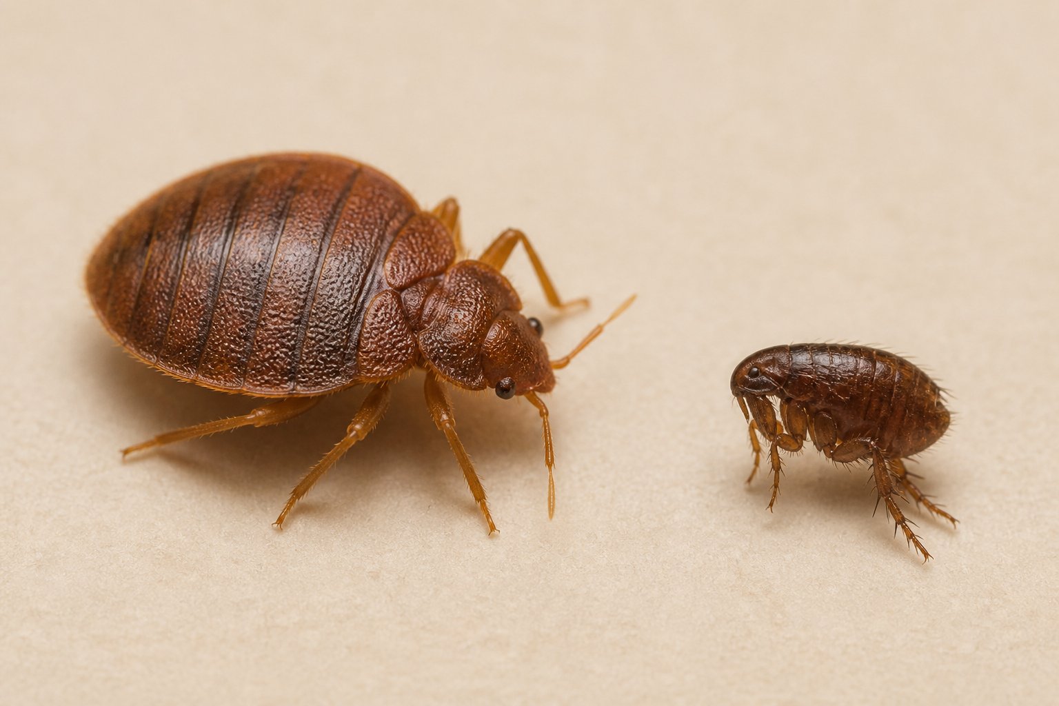 Magnified side-by-side comparison of a bed bug and a flea showing the bed bug is larger.