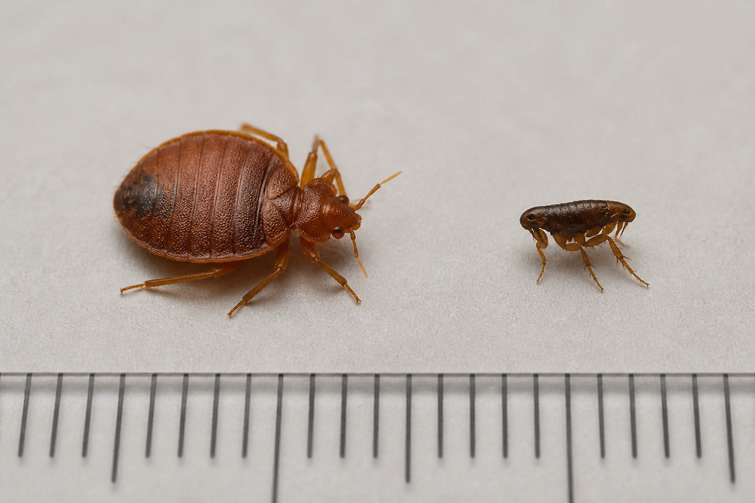 Close-up image showing a bed bug and a flea side by side on a neutral surface with a ruler nearby to compare their sizes.