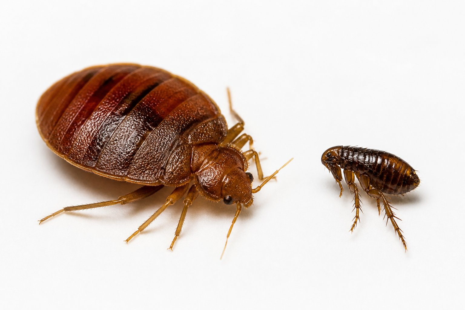 Close-up comparison of a bed bug and a flea side by side on a white surface showing the size and shape differences between the two insects.