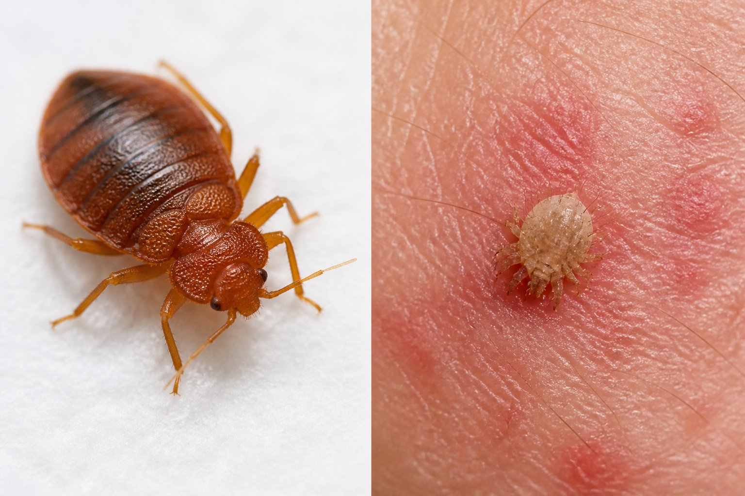 Close-up comparison of a bed bug and a scabies mite on human skin showing differences between the two pests.