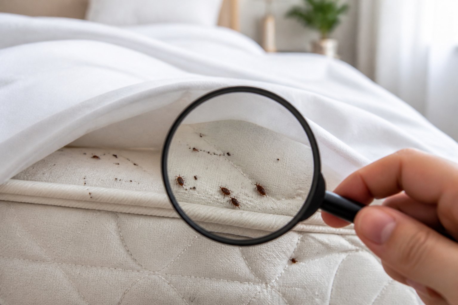 Close-up of a mattress with visible bed bugs and small dark spots, a hand holding a magnifying glass inspecting the bed.
