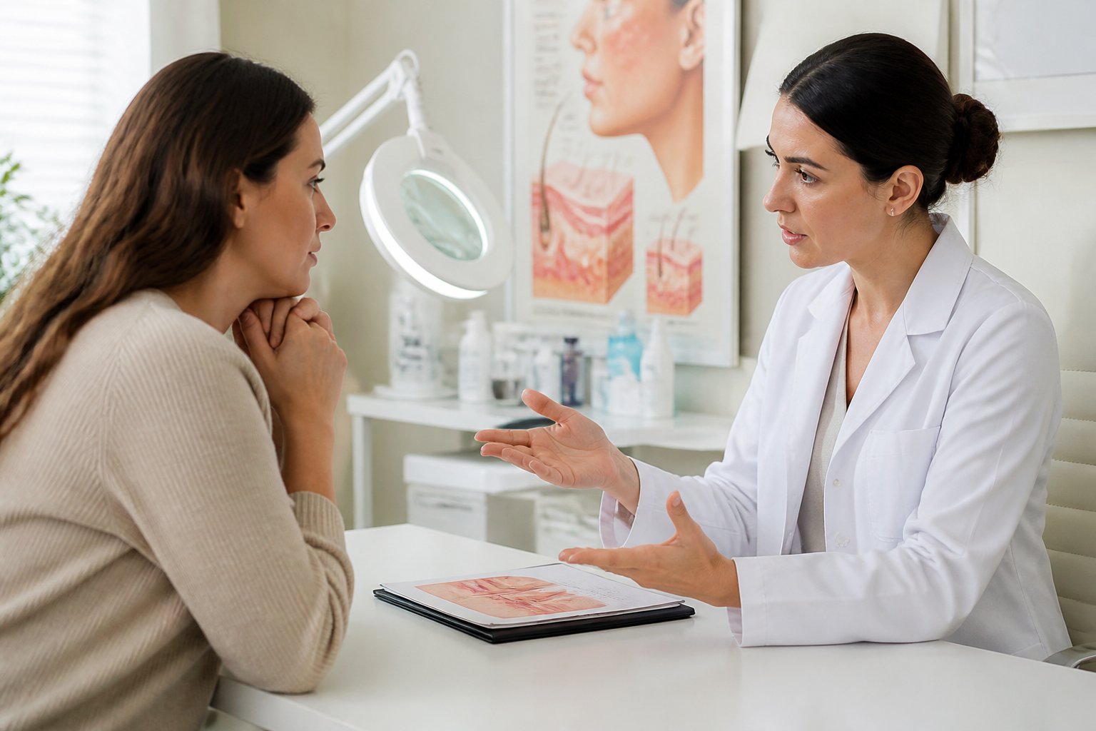 A doctor consulting with a patient in a medical office about skin treatment options.