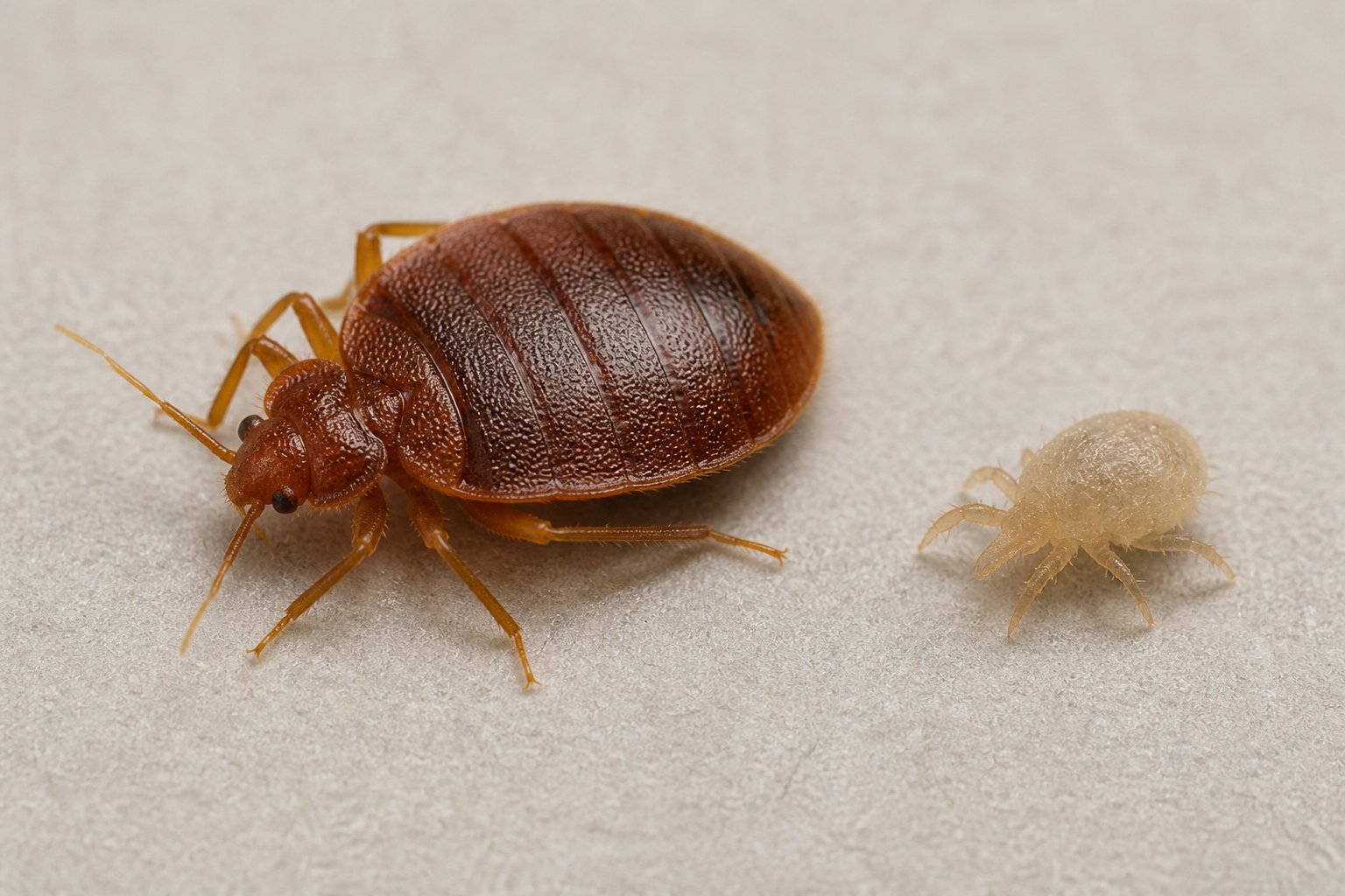 Close-up image showing a bed bug and a mite side by side for comparison on a plain background.