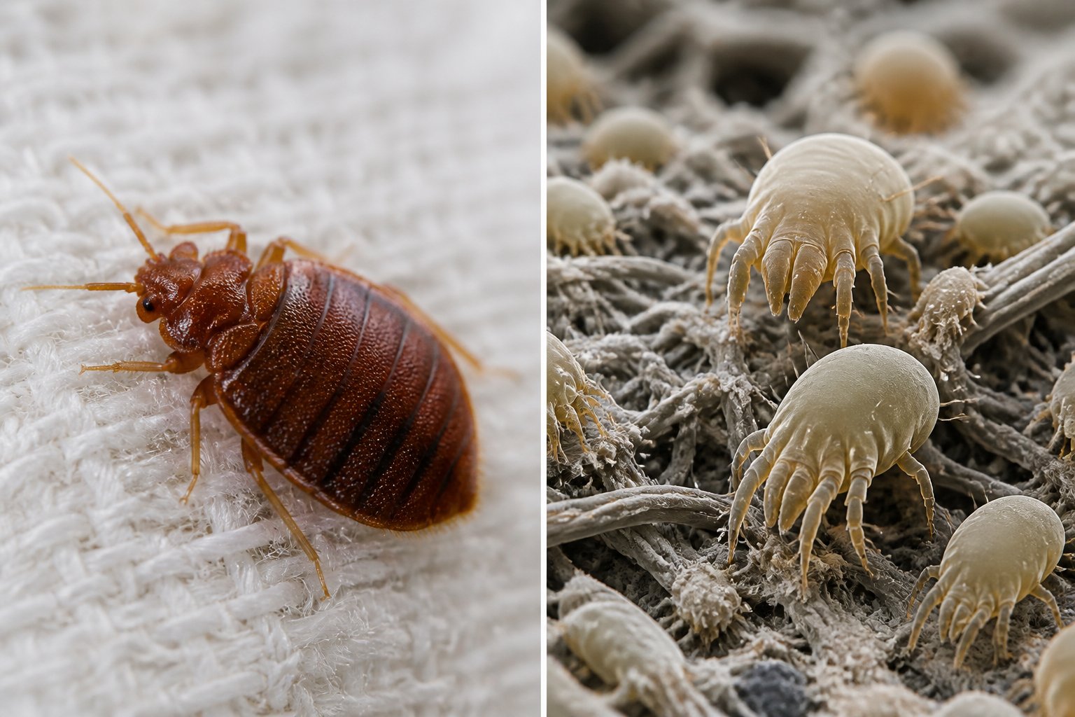 Close-up comparison of a bed bug and dust mites on a fabric surface, showing their distinct shapes and sizes.