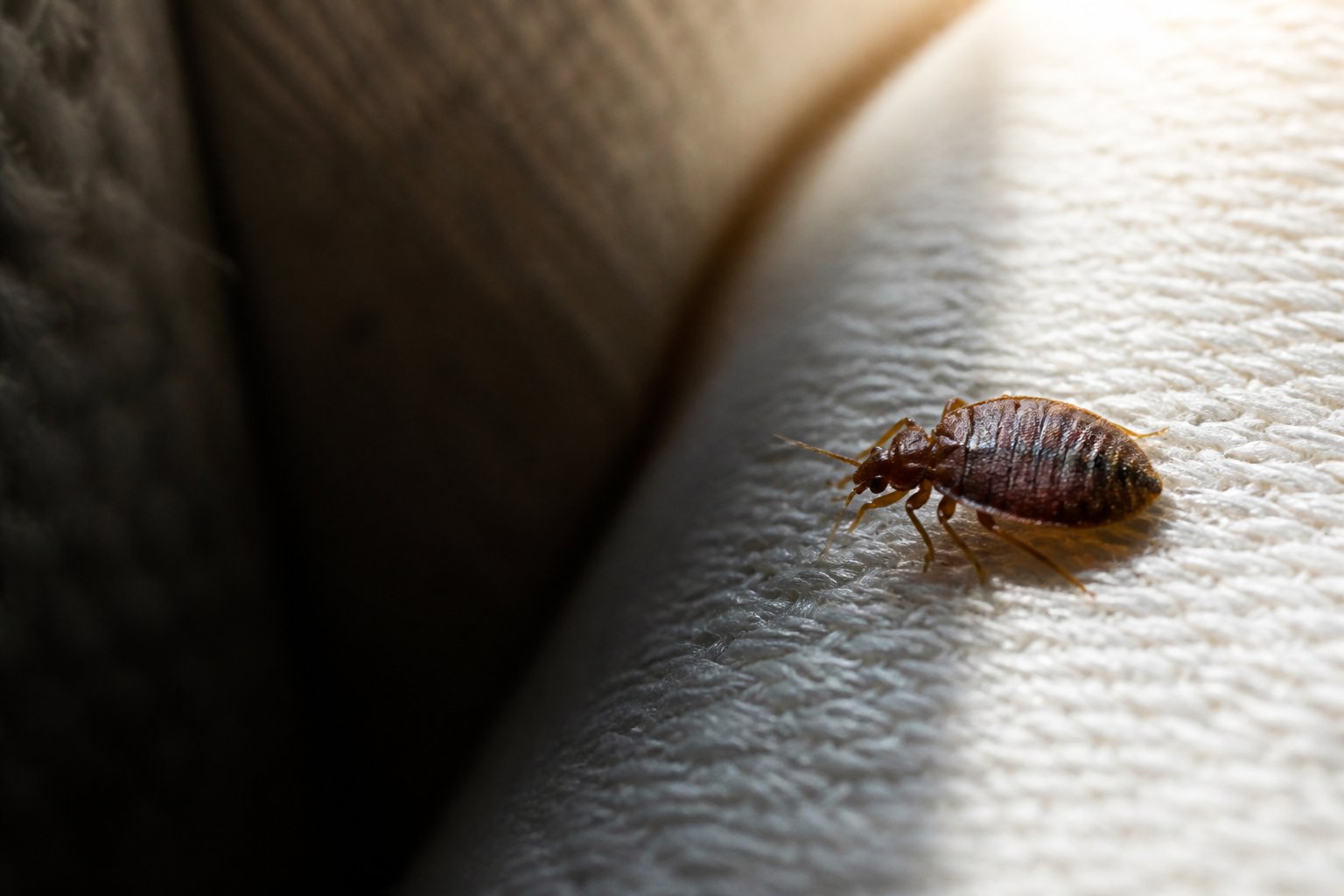 A close-up of a bed bug on a mattress near a bright light, showing a contrast between light and shadow.