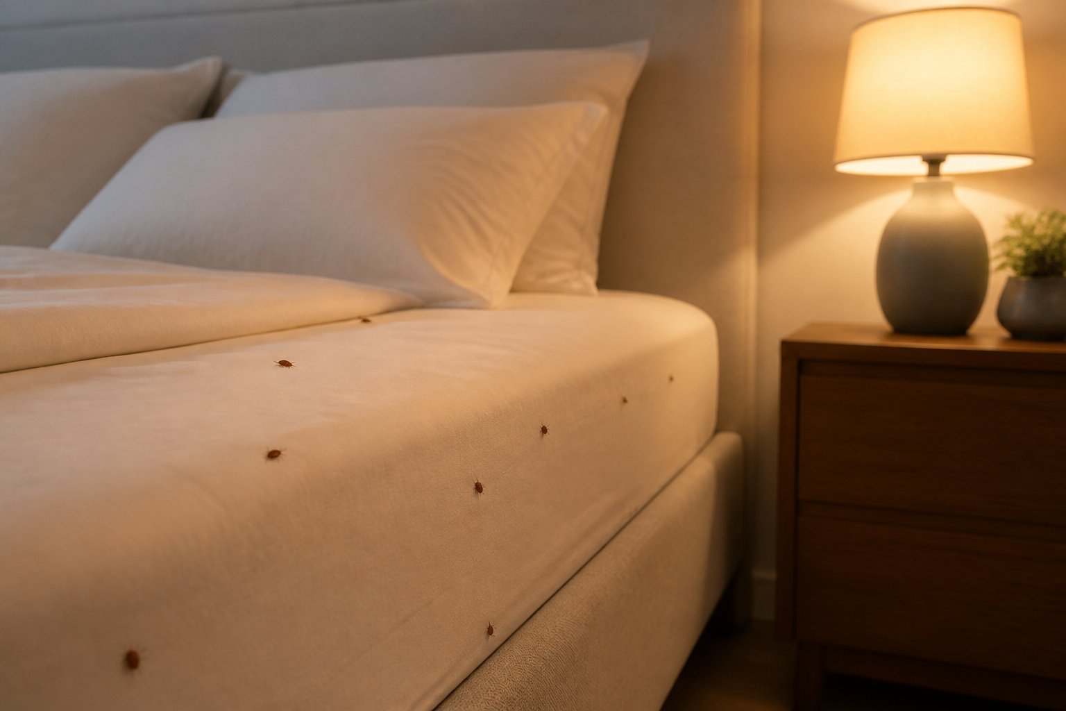 A clean bedroom with a neatly made bed and a bedside lamp casting warm light, showing small bed bugs on the mattress near the light.