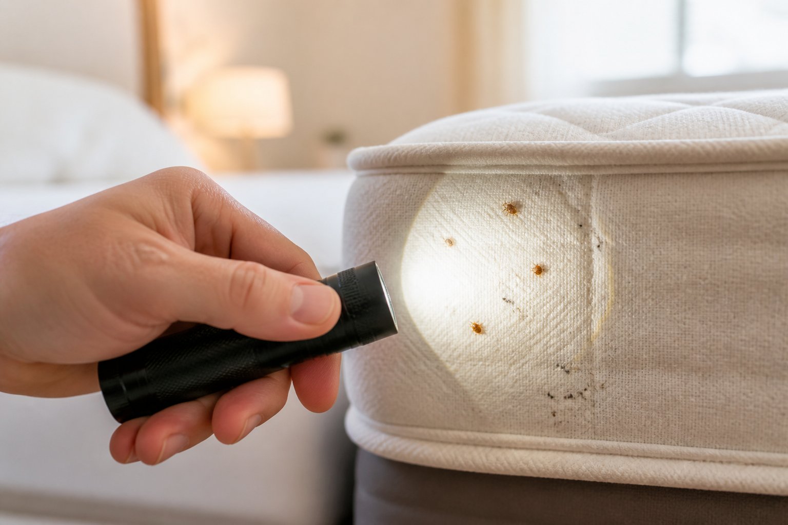 A hand shining a flashlight on a mattress corner to inspect for bed bugs in a bedroom.
