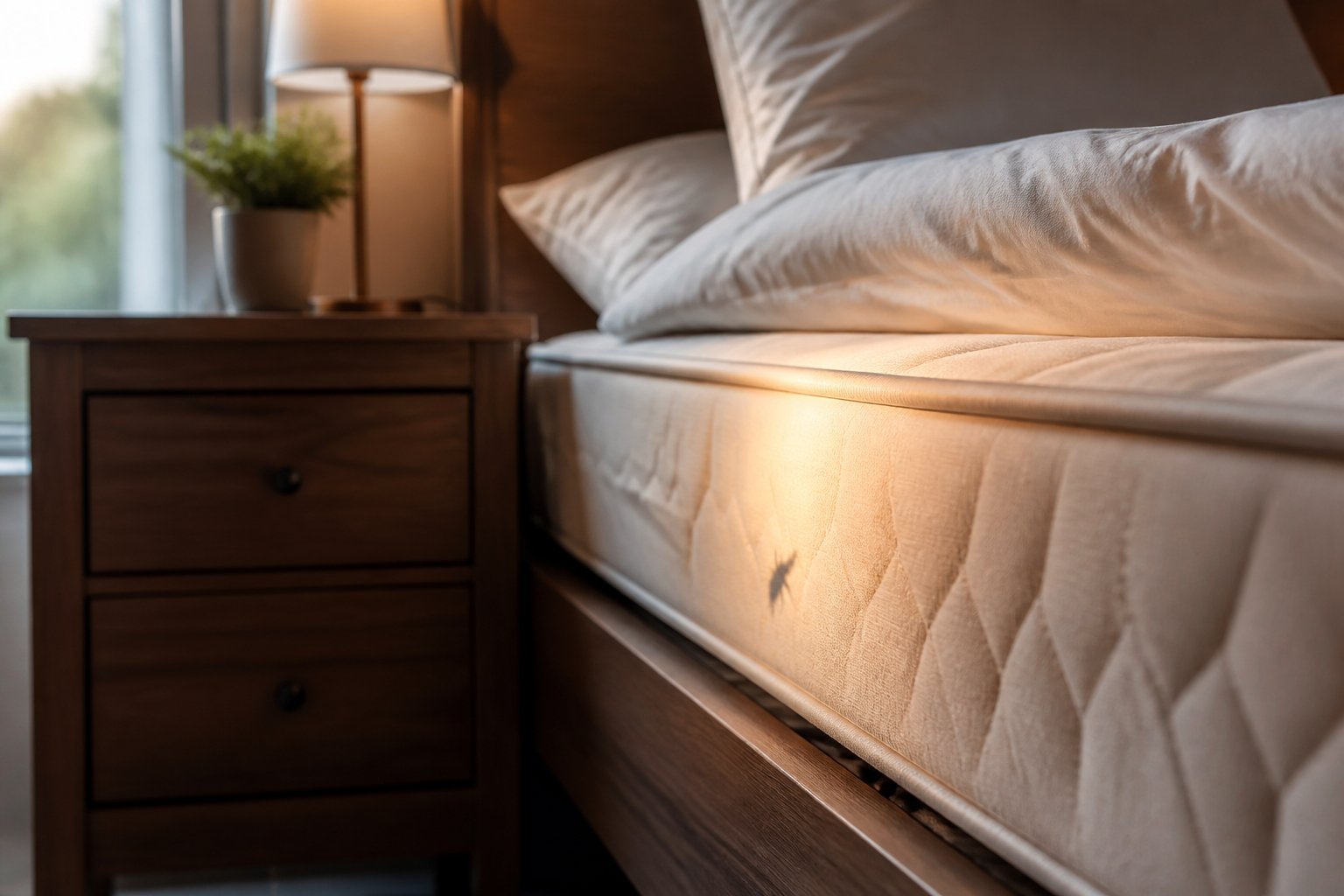 Close-up of a bedroom corner with soft light highlighting the edge of a mattress and bed frame.