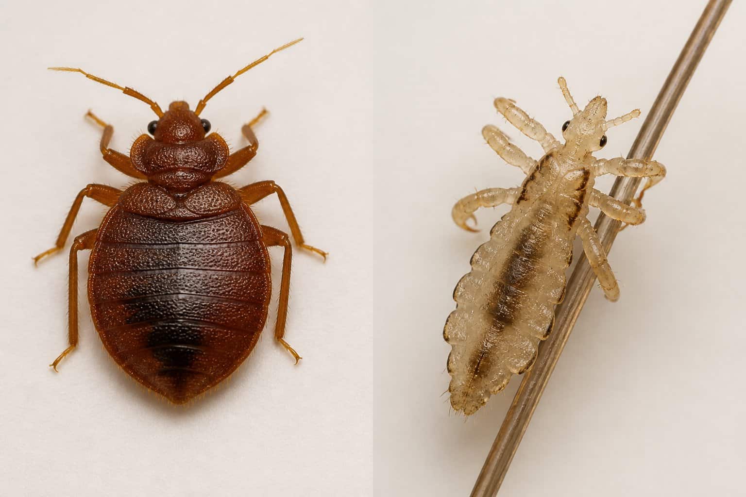 Close-up comparison of a bed bug and a body louse side by side on a neutral background.