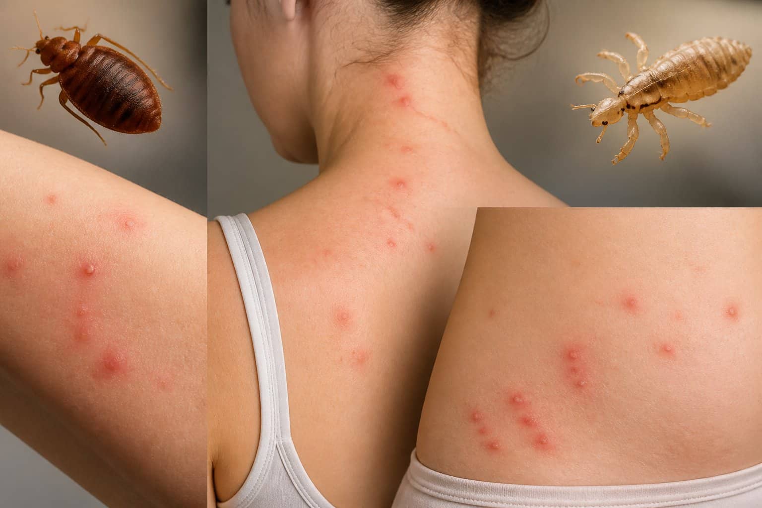 Close-up of human skin with red bites and itch marks on arms and neck, alongside detailed images of a bed bug and a body louse.