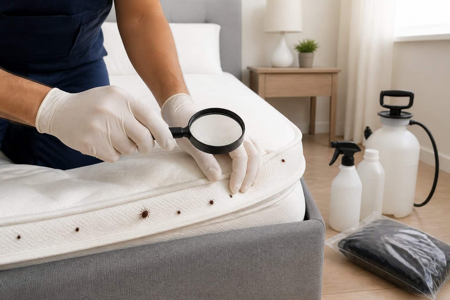Person wearing gloves inspecting a mattress with a magnifying glass and pest control tools nearby in a clean bedroom.