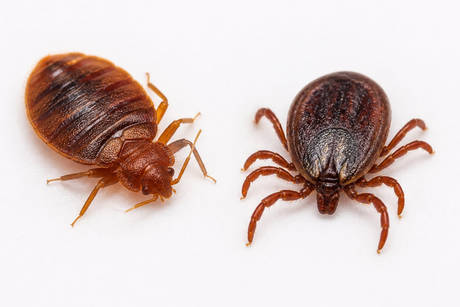 Close-up view of a bed bug and a tick placed side by side on a white surface for comparison.