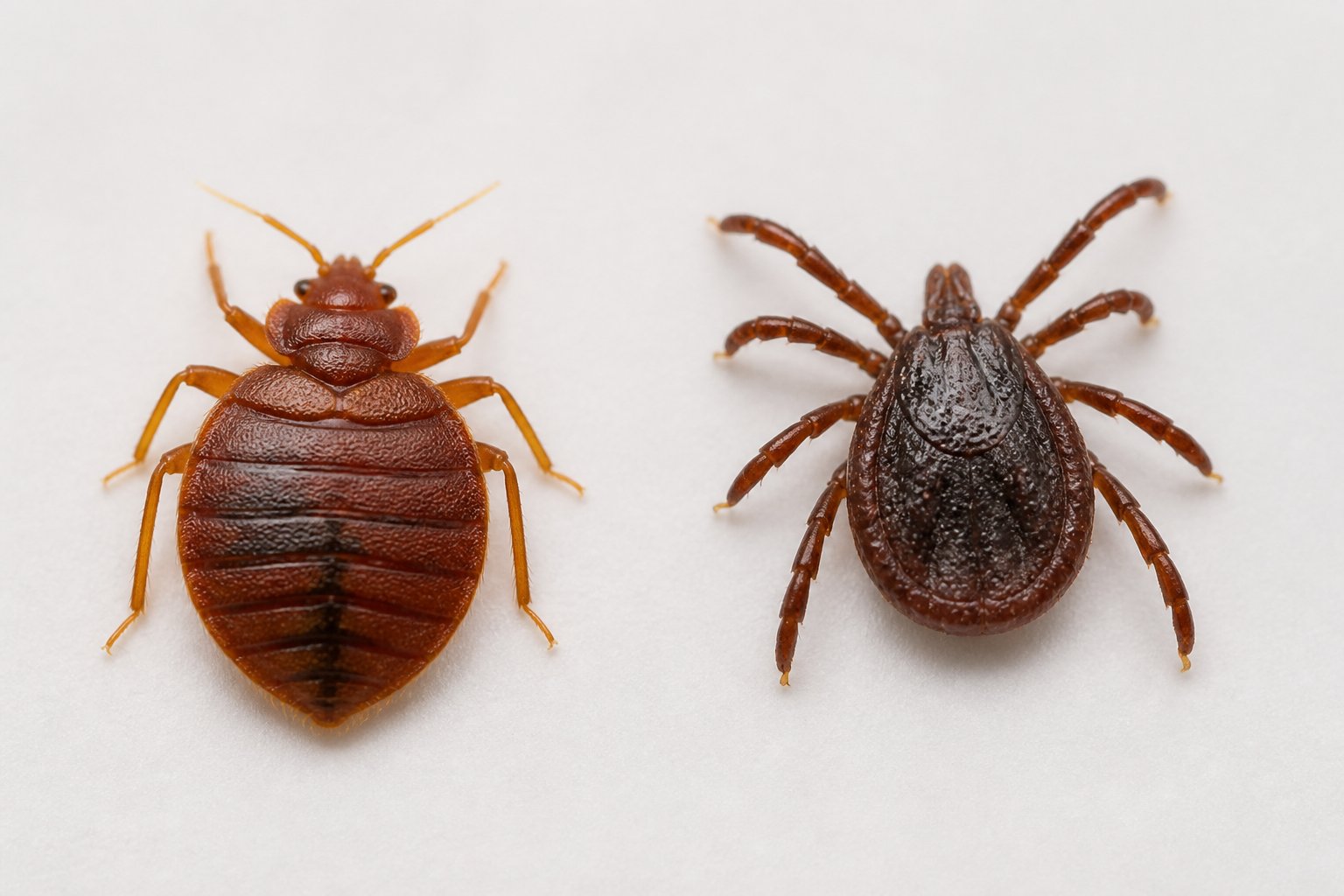Close-up image showing a bed bug and a tick side by side on a plain background.
