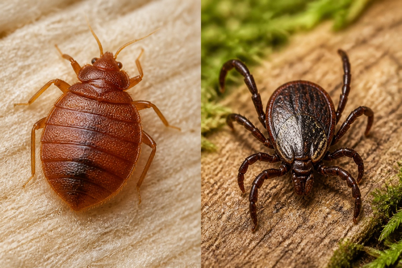 Close-up view of a bed bug and a tick on a natural surface showing their distinct shapes and textures.