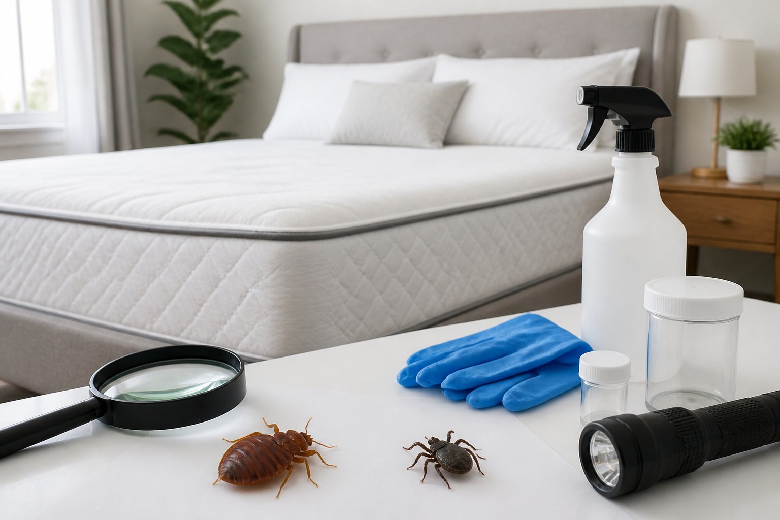 A clean bedroom with pest control tools on a table and close-up images of a bed bug and a tick on a white surface.