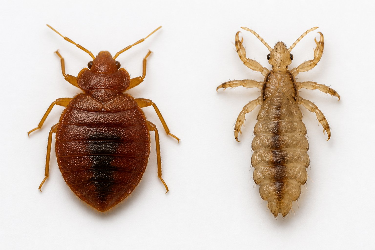 Close-up comparison of a bed bug and a louse showing their distinct body shapes and sizes on a plain background.