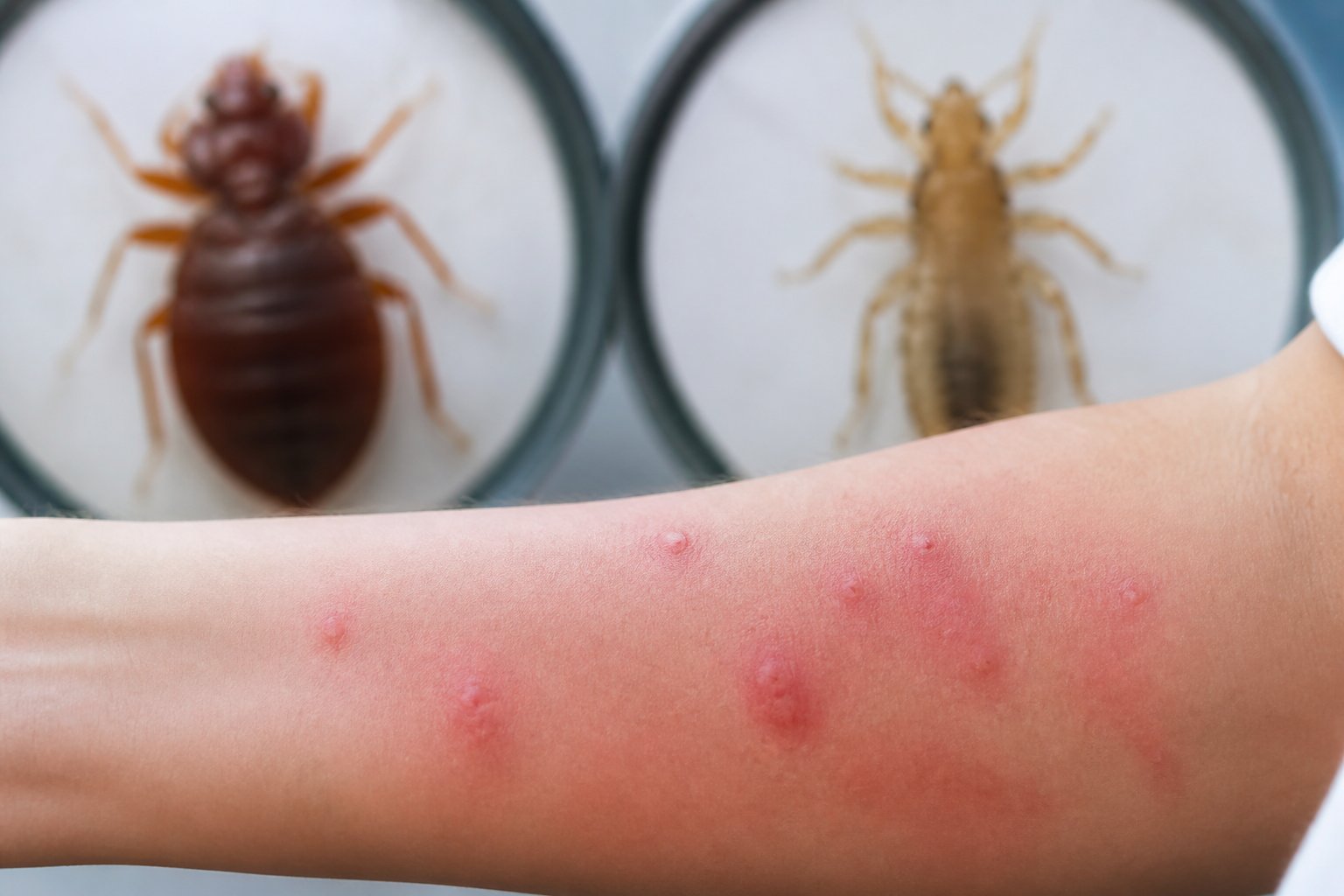 A close-up of a person's arm with red itchy bites and mild skin irritation, with magnified images of bed bugs and lice in the background.