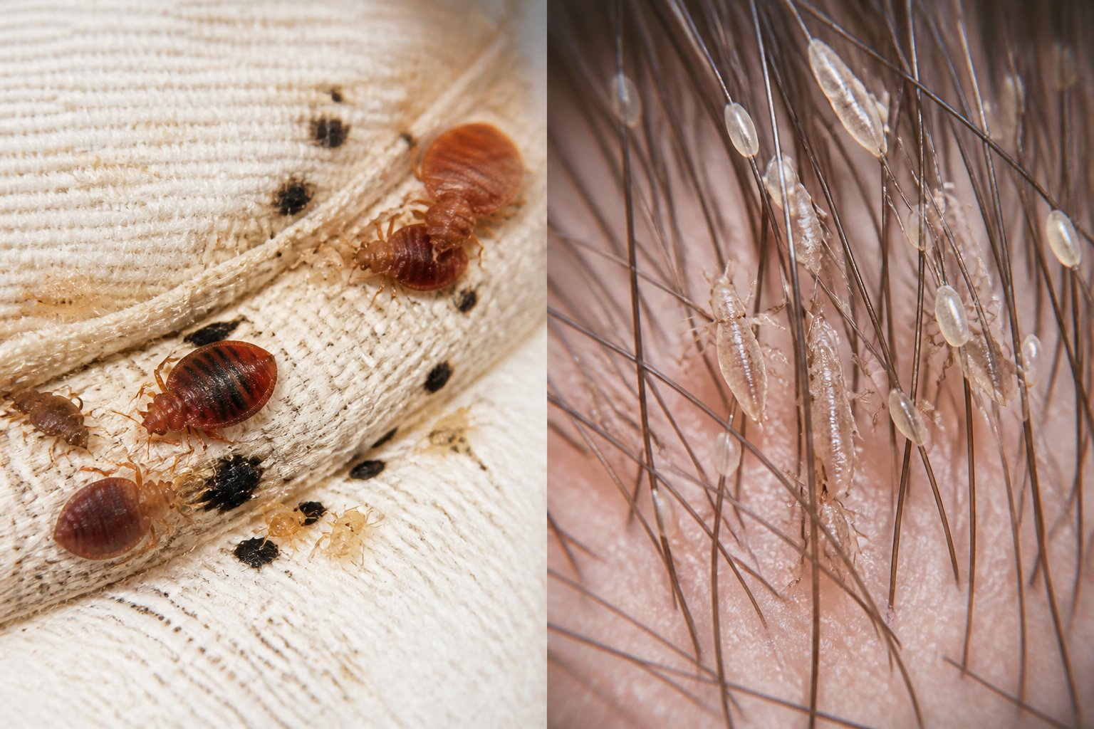 Close-up view showing bed bugs on a mattress fabric and lice on human hair, highlighting their differences and typical hiding places.