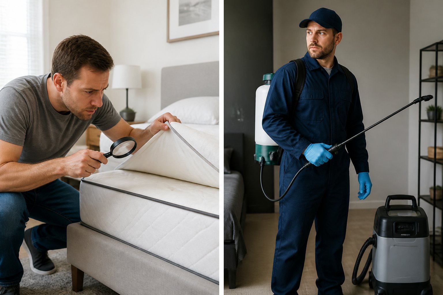 A homeowner inspecting a mattress for bed bugs while a pest control professional prepares equipment in a nearby room.