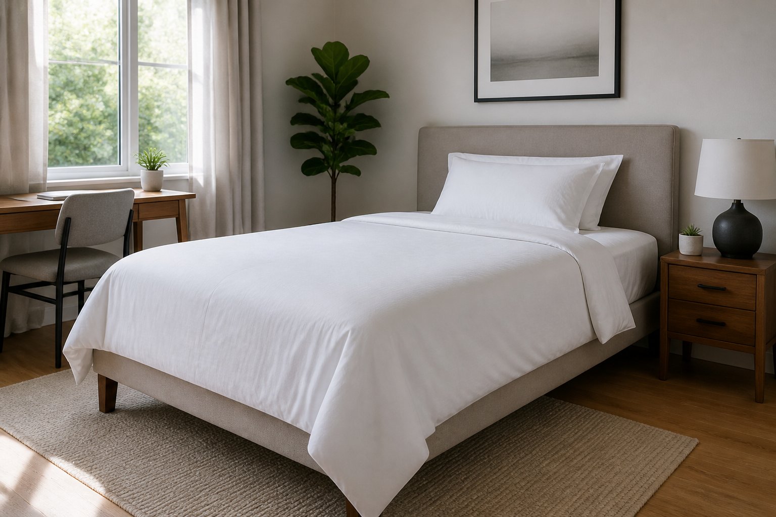 A clean, neatly made bed in a bright, modern bedroom with sunlight coming through the window.