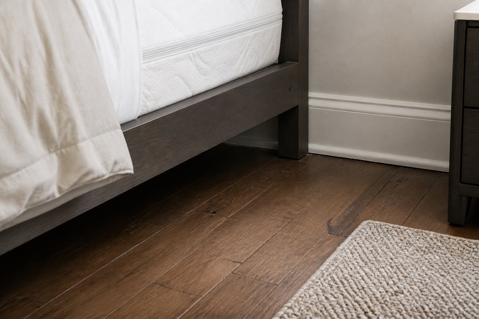 Close-up view of the area around a bed showing the bed frame, mattress edges, and floor where bed bugs might hide.