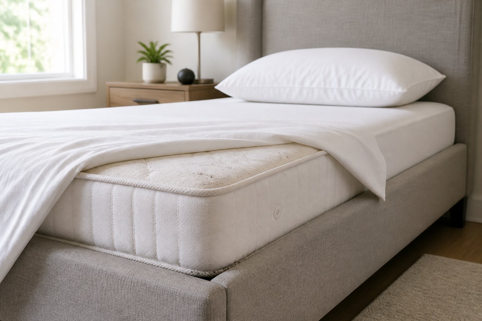 A clean, modern bedroom showing a single bed with neatly made bedding and a nightstand, highlighting the mattress edges where bed bugs might be found.