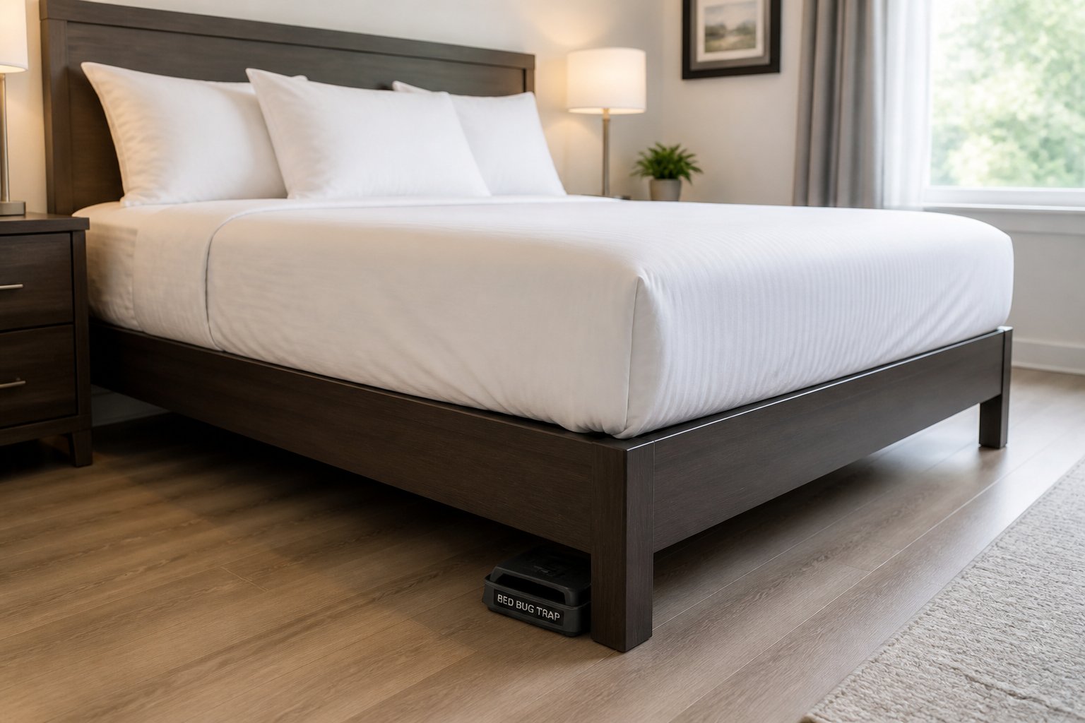 A clean, well-lit bedroom with a neatly made bed and an insect trap near the bed leg.