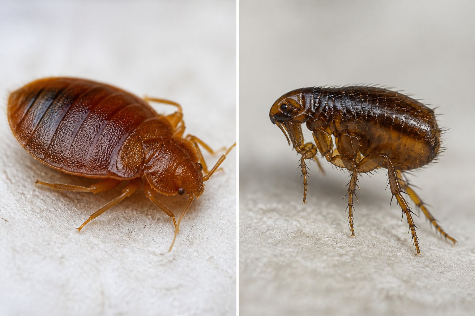 Close-up side-by-side images of a bed bug and a flea showing their differences.
