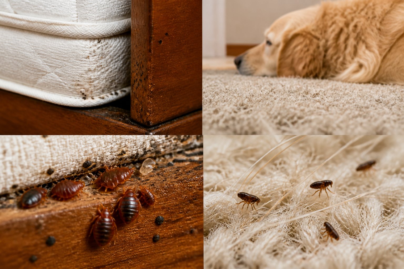 Close-up view showing bed bugs hiding in mattress seams and fleas in pet fur and carpet fibers in a bedroom corner.
