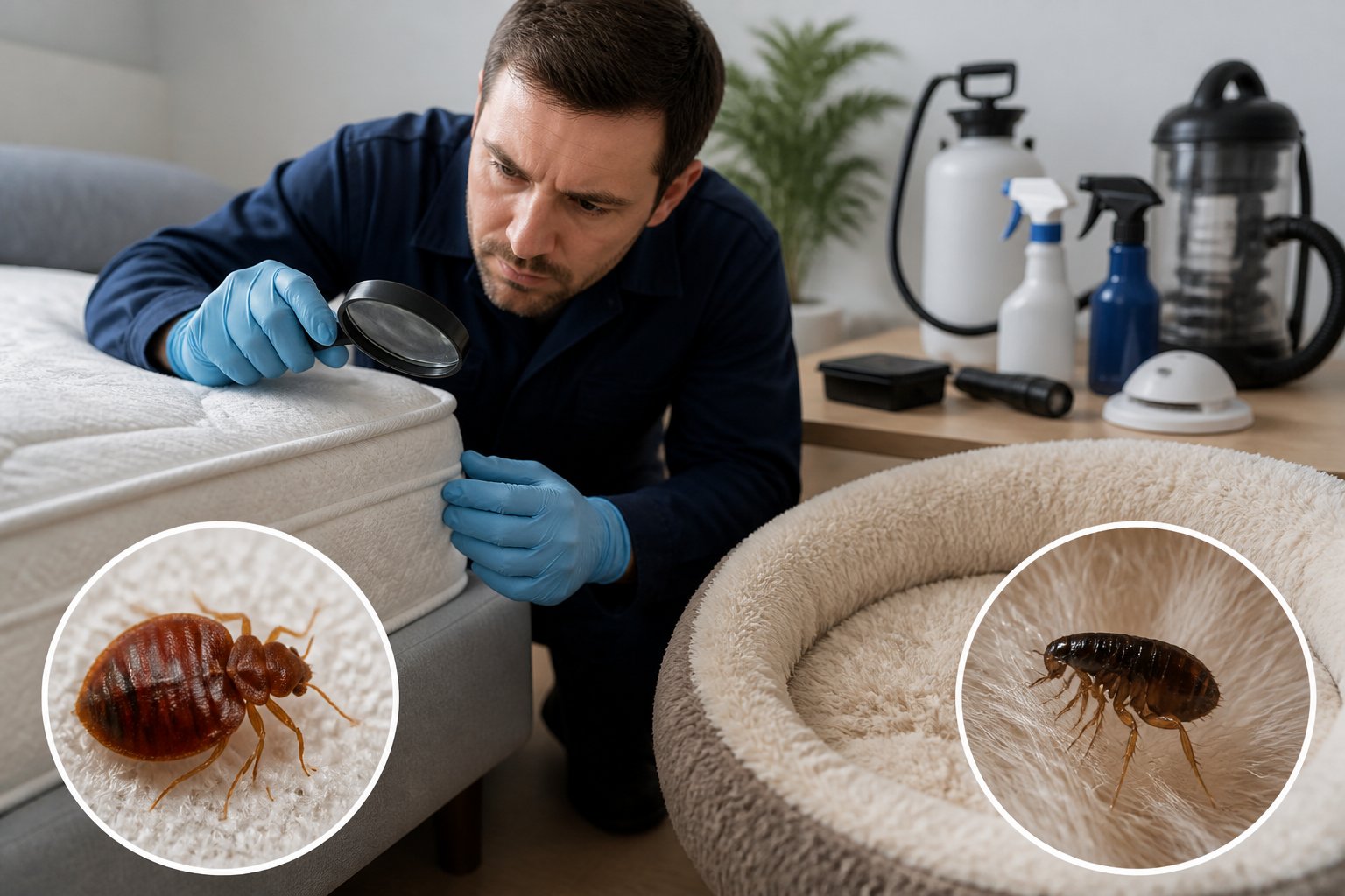 A pest control expert inspecting a mattress and pet bedding with close-up images of a bed bug and a flea, alongside pest control tools on a table.