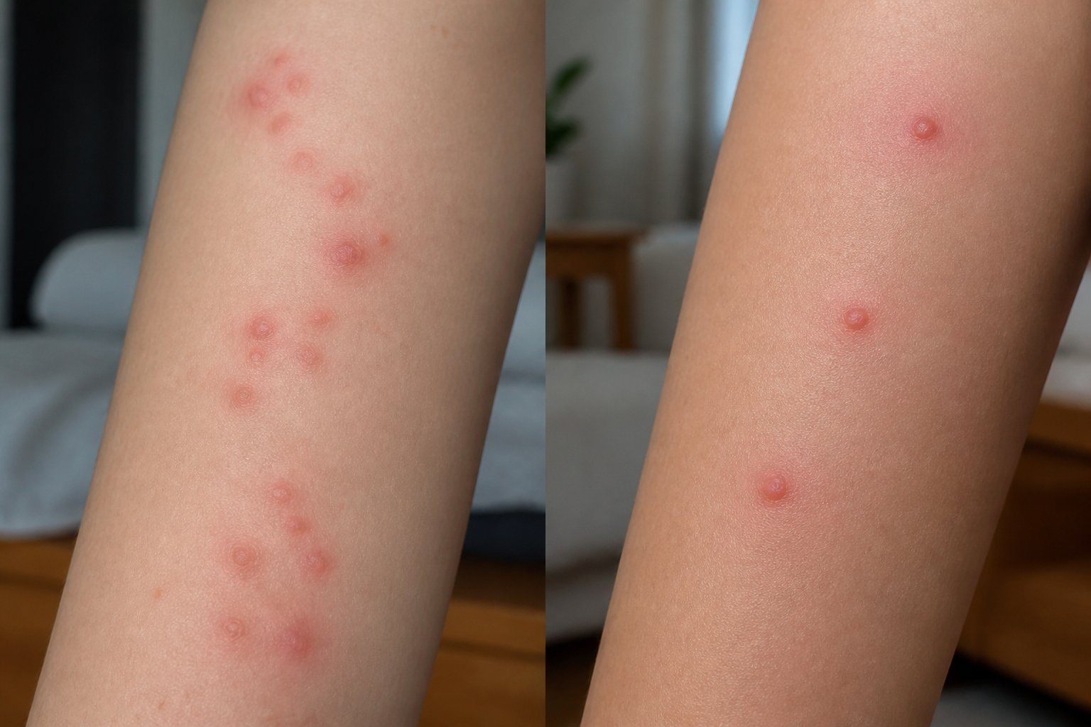 Close-up of skin showing red bite marks from bed bugs on one arm and mosquito bites on the other.