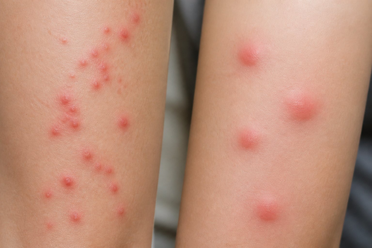 Close-up view of human skin showing red bumps from bed bug bites on one side and swollen mosquito bites on the other side.