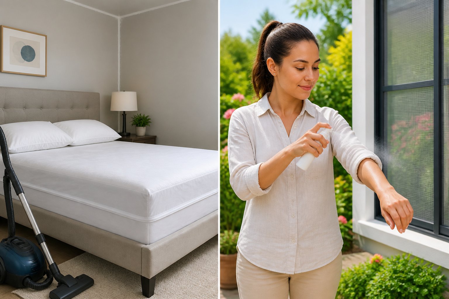 Split image showing indoor bed bug prevention steps on one side and outdoor mosquito bite prevention steps on the other side.