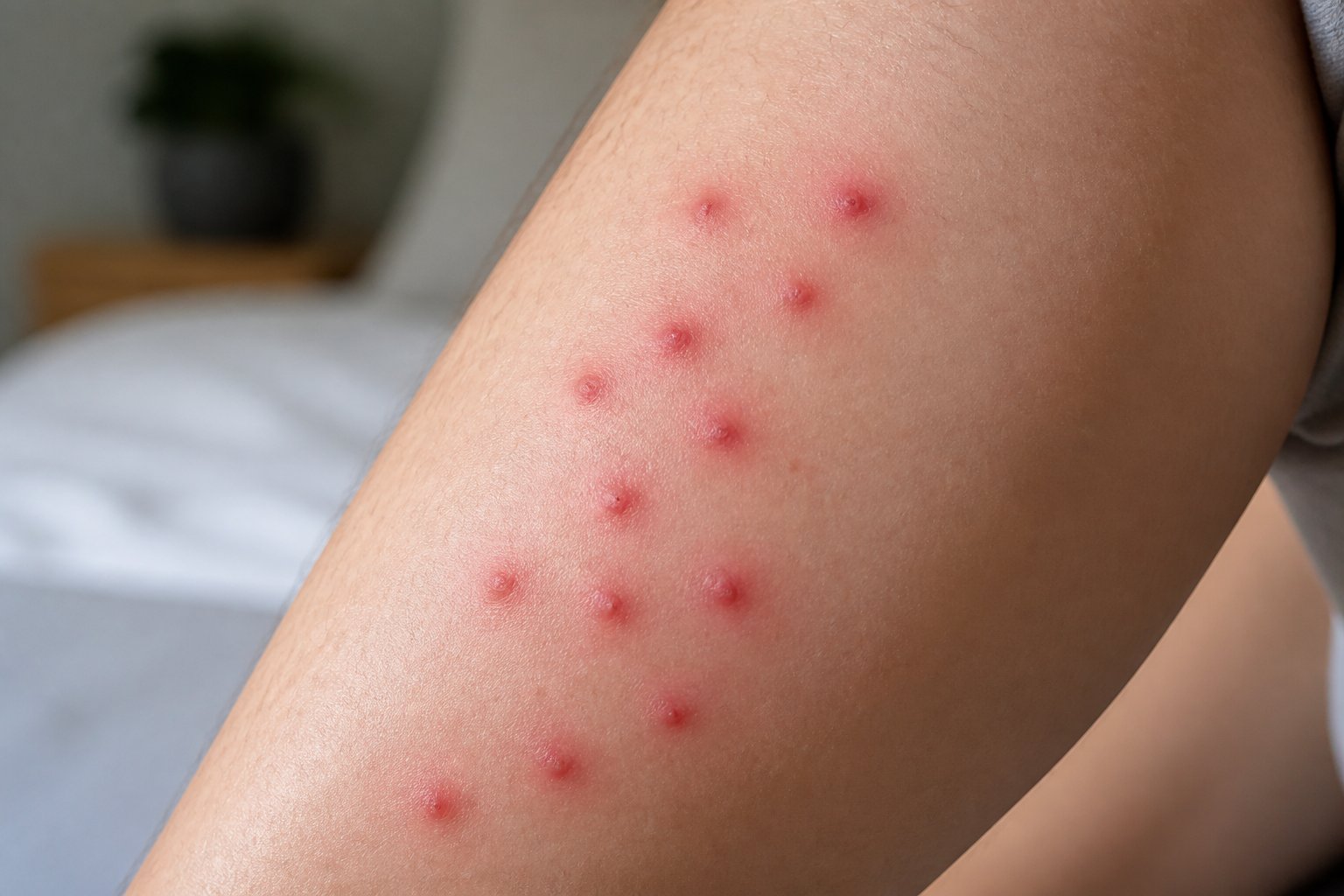Close-up of a person's skin with several small red bite marks clustered together.