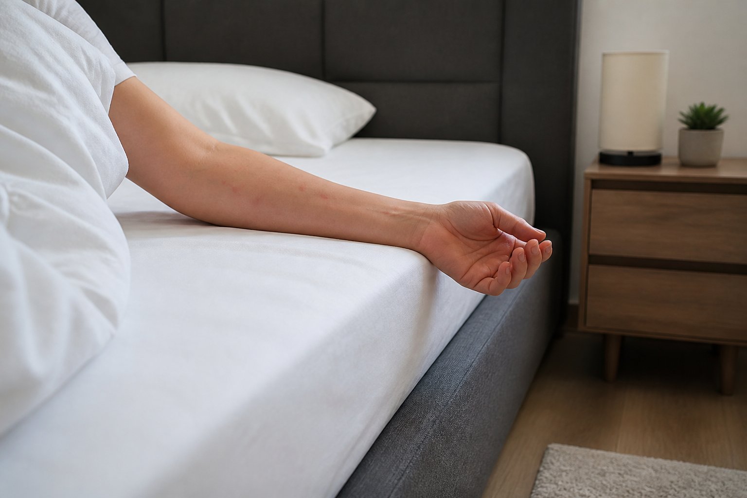 Close-up of a person's arm resting on a bed with visible multiple bed bug bites, showing the area around a neatly made bed.