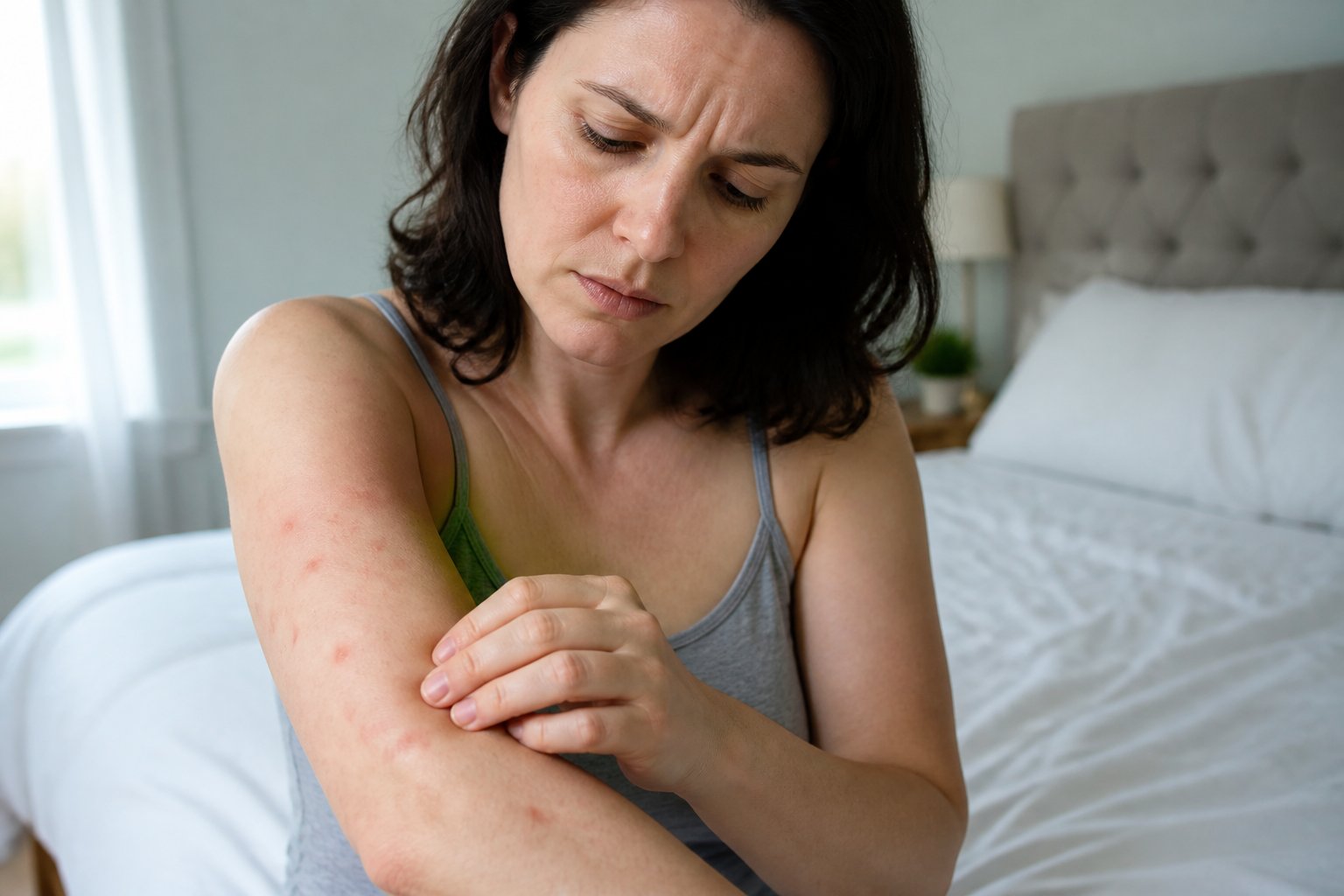 An adult closely inspecting multiple red bite marks on their forearm in a bedroom.