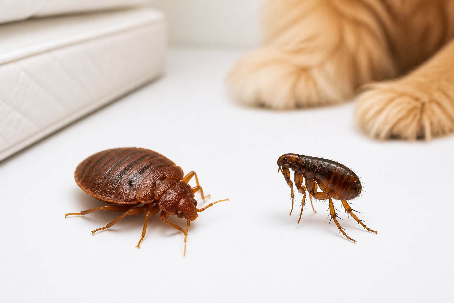 Close-up comparison of a bed bug and a flea on a white background with a mattress corner and pet fur blurred in the background.