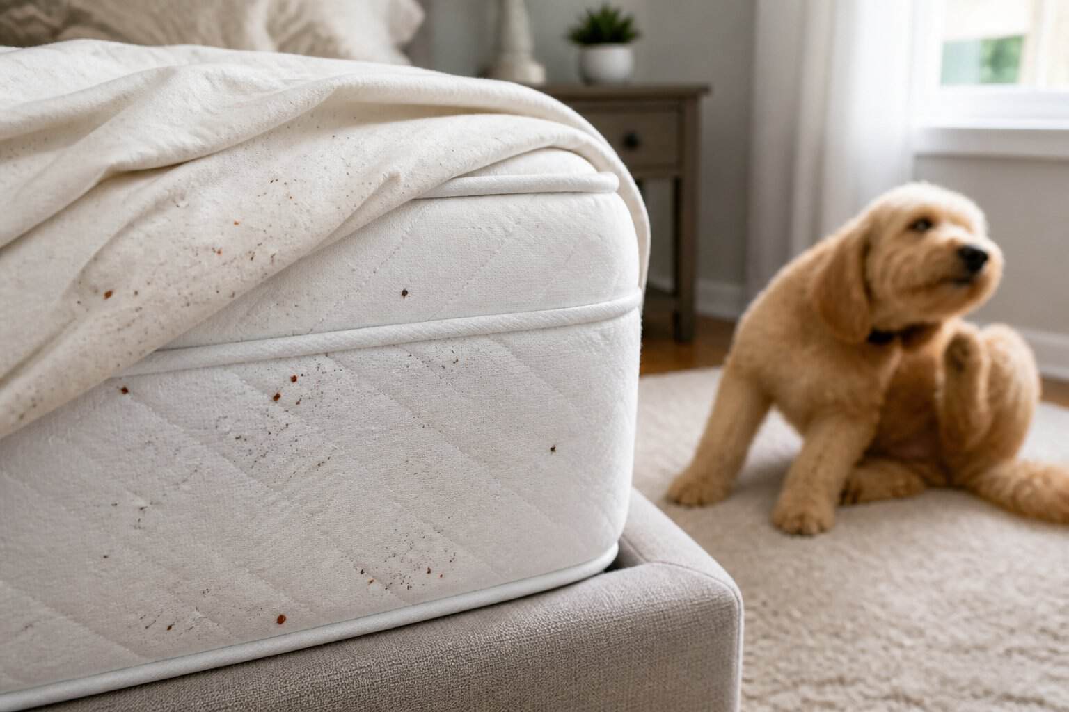 Close-up of a bed with small reddish stains and dark spots on the sheets, and a dog scratching itself on a nearby carpet in a home bedroom.