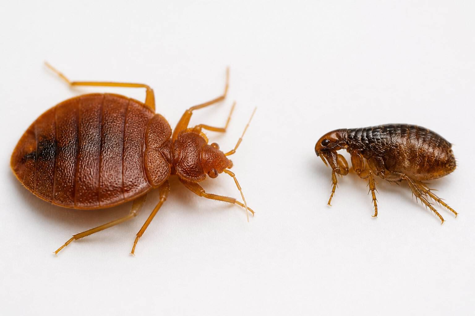 Close-up image showing a bed bug and a flea side by side on a white surface.