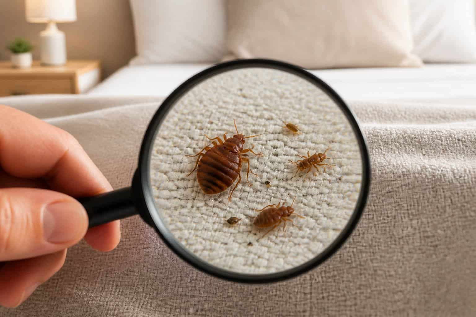 Close-up of a hand holding a magnifying glass over bed bugs and fleas on fabric in a bedroom setting.