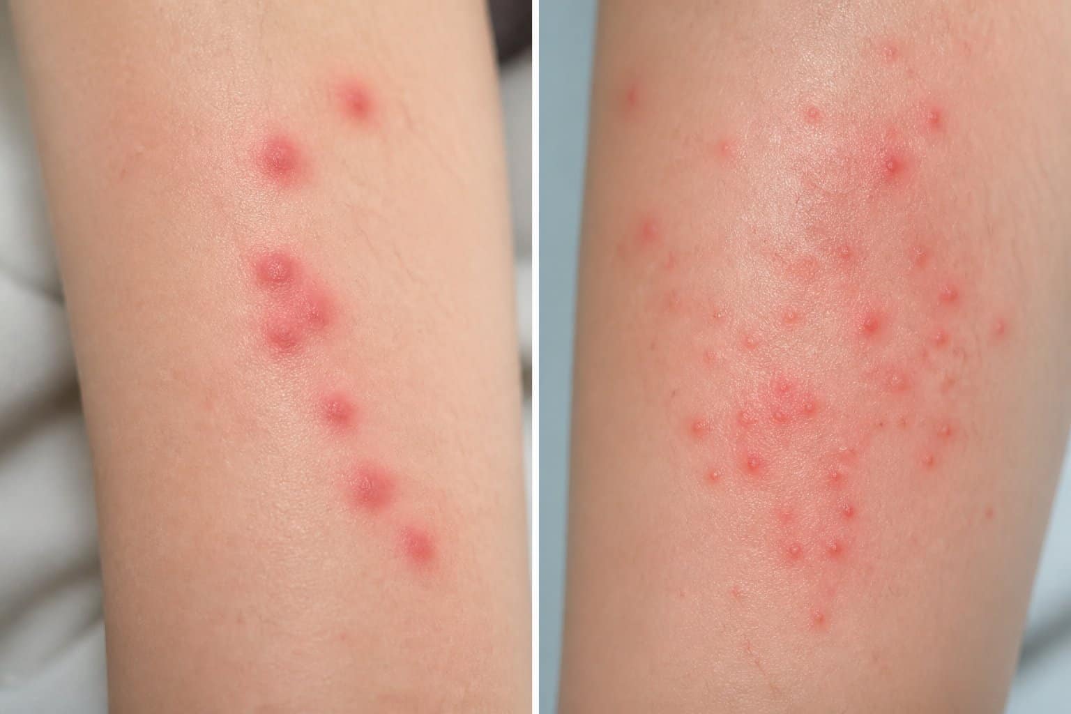 Close-up of human skin showing red insect bites from bed bugs and chiggers for comparison.