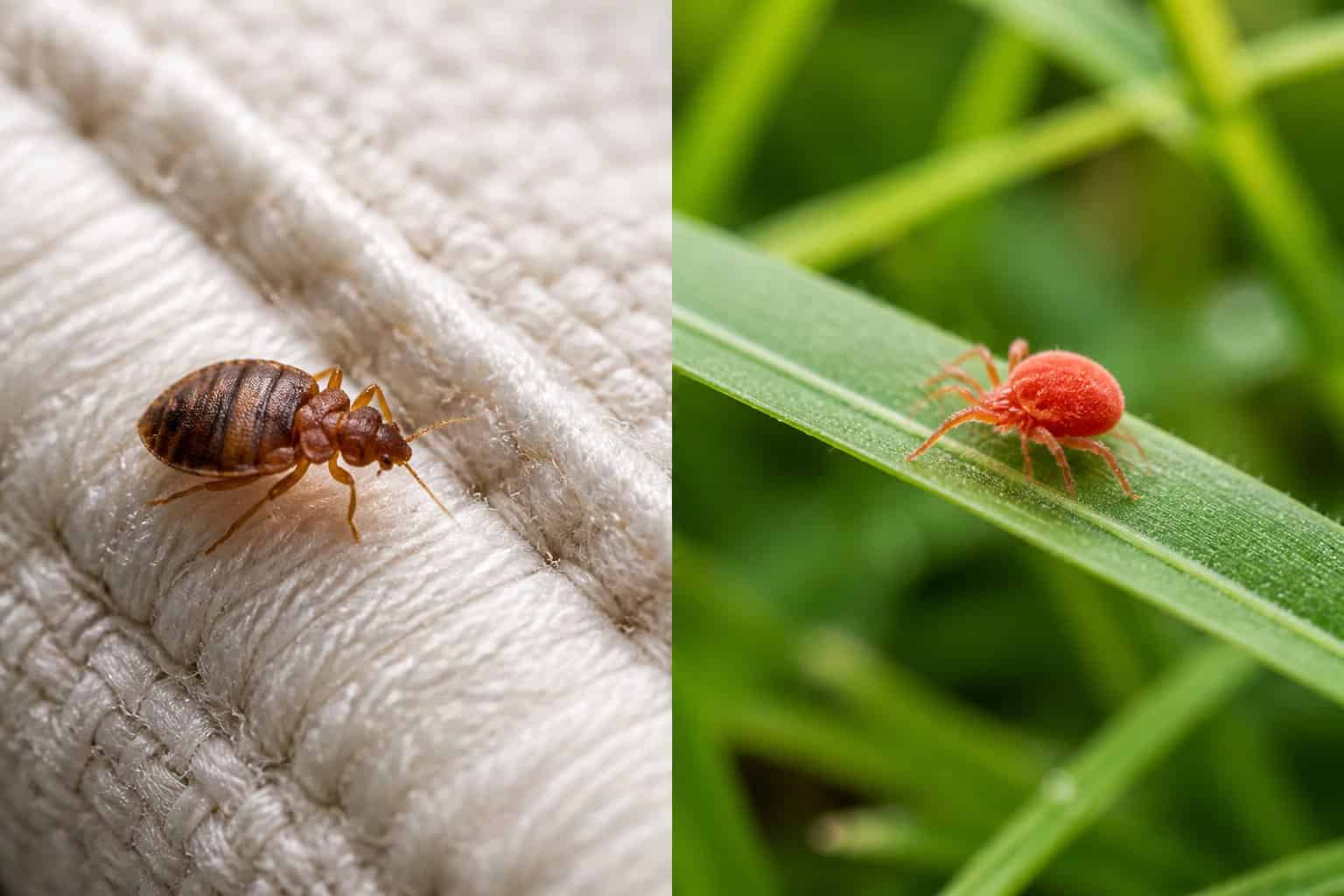 Close-up images of a bed bug on a mattress and a chigger on a green leaf, showing their different natural environments.