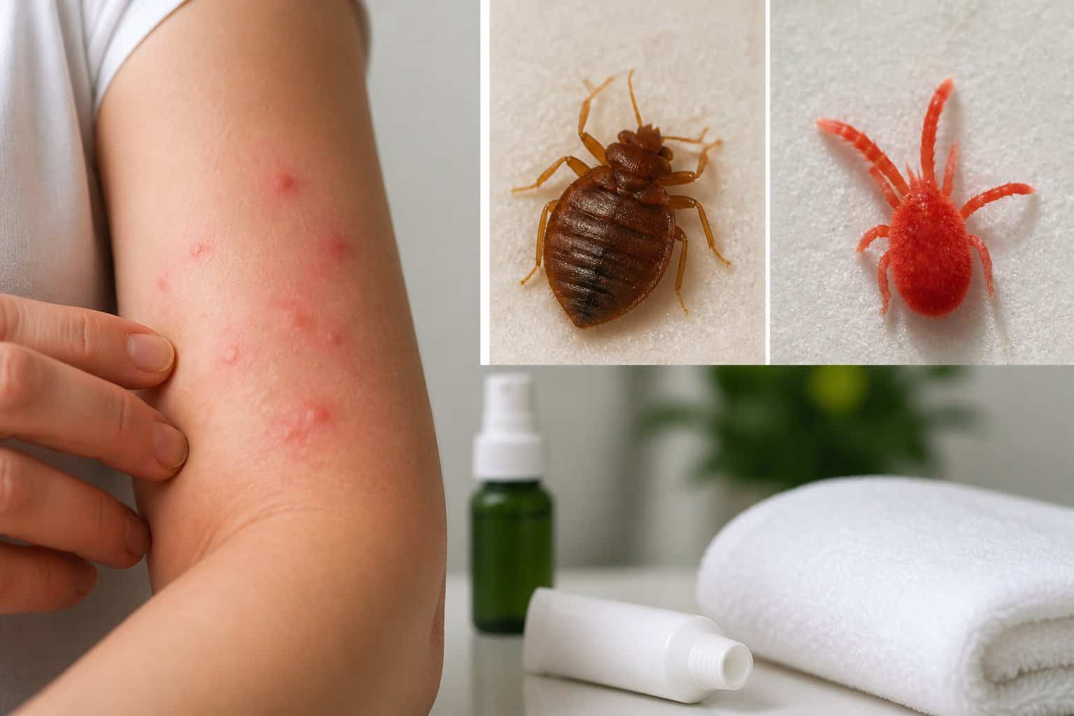 Close-up of a human arm with red bite marks next to detailed images of a bed bug and a chigger, along with treatment items like cream and spray.