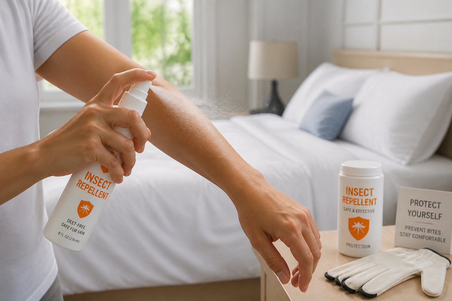 Person applying insect repellent on their arms in a bright bedroom with a bed and bedside table in the background.