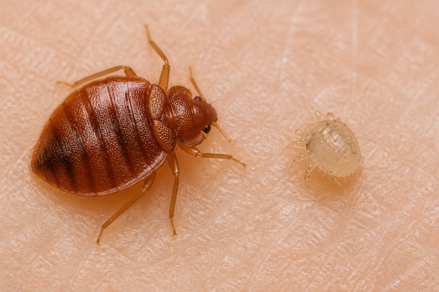 Close-up comparison of a bed bug and a scabies mite on a neutral background showing their distinct shapes and sizes.