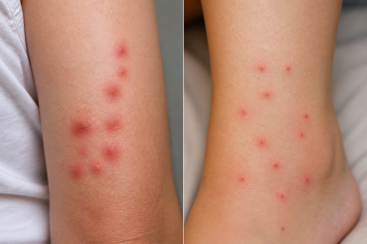 Close-up comparison of human skin showing red bites from bed bugs on one side and smaller flea bites on the other side.