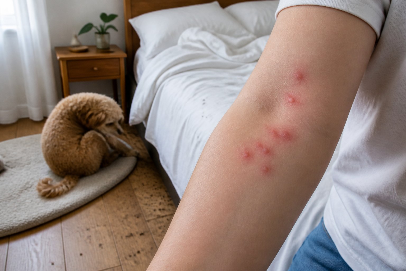 Close-up of an arm with red insect bites next to a bed and a dog scratching itself inside a home.